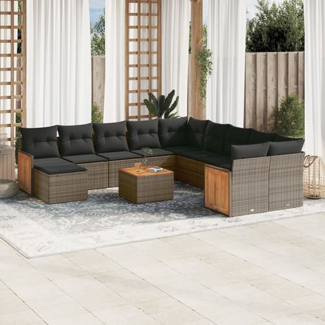 Set de Jardin Modulaire 12 Places avec Coussins Gris, Résine Tressée Polyrotin, Table en Acacia, Design Modulable (1/5)