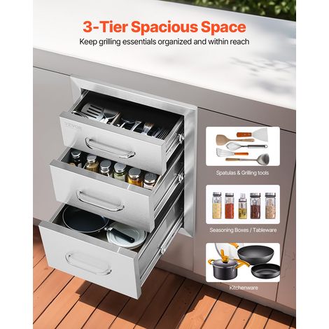 Tiroir Inox de Cuisine 35x51x58 cm Triple Espaces de Rangement Commode de Rangement en Acier Inoxydable avec Poignée 3 Tiroirs Intégré pour Ranger Ustensile de Cuisine d'Extérieur Barbecue (1/5)