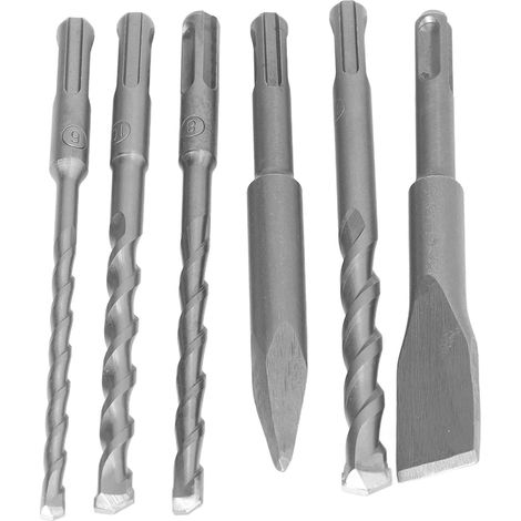 Jeu de 6 forets avec burin pointu et burin plat, haute dureté, pour perçage rapide de briques.