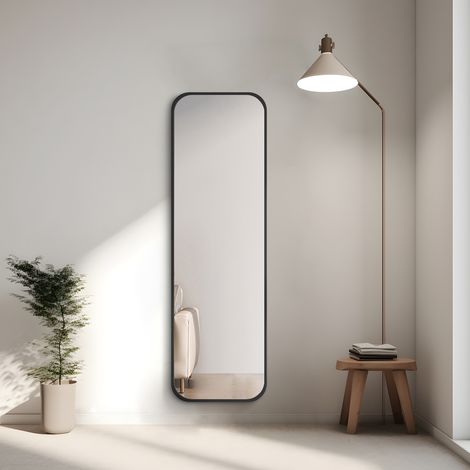 Heilmetz – Miroir sur pied pleine longueur 120x37 cm – Verre trempé haute définition – Cadre en aluminium noir – Installation murale ou autoportante (1/5)