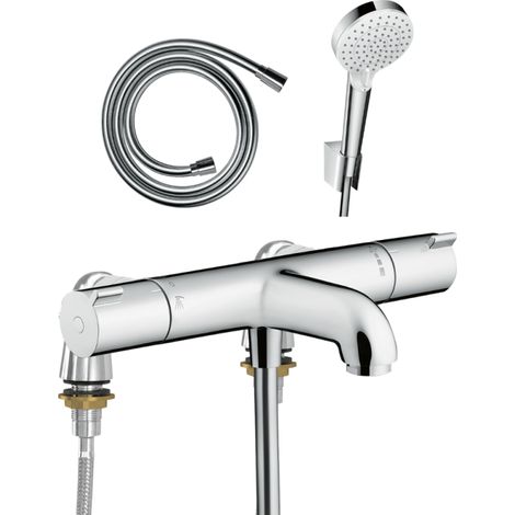 Mezclador de bañera/ducha THM Ecostat 1001 CL + barras elevadoras Idro'Flex + cabezal de ducha Crometta de 2 chorros + manguera Isiflex de 1,60 m + soporte cromado HANSGROHE (1/3)