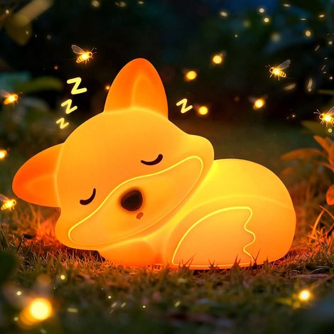Lámpara de noche infantil de silicona con forma de zorro, recargable, sensible al tacto, con LED regulable, ideal para decorar la habitación de una niña o un niño. (1/5)