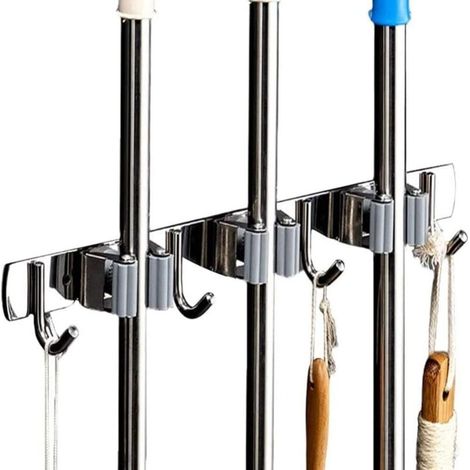 Wall Mounted Broom Holder - Stainless Steel Broom Hanger for Kitchen, Garage, Laundry Storage (3 Slots and 4 Hooks) YMYNY (1/4)