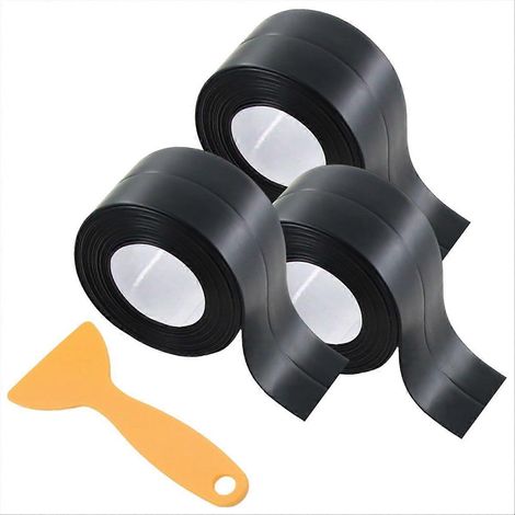 Packung mit 3 Rollen Dichtungsband, wasserdicht und selbstklebend, für Toiletten, Badezimmer, Waschbecken, Badewanne, Boden- und Wandkanten (schwarz). (1/5)