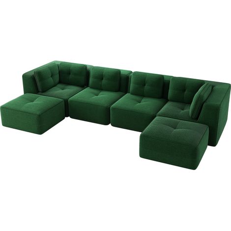 Sofá modular en U verde de pana, con ottomana, sin montaje (1/5)