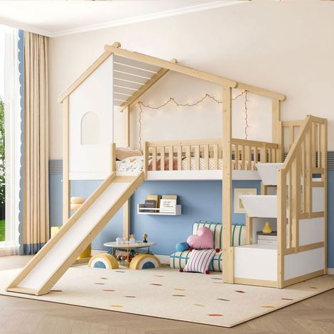 Lit mezzanine 90x200, structure bois massif sécurisée lit enfant, toboggan, rangement, design cabane (1/5)
