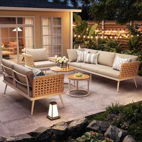 Salon de jardin modulable 6 places avec 2 tables basses et fauteuil, coussins épais, structure en fer beige (1/5)