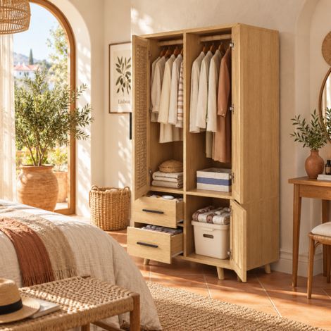 Armoire chambre 80x52x166 cm, Armoire de Rangement en rotin, penderie vetement dressing, Placard, Garde-robe, avec 2 tringle et 2 tiroirs 3 portes (1/5)