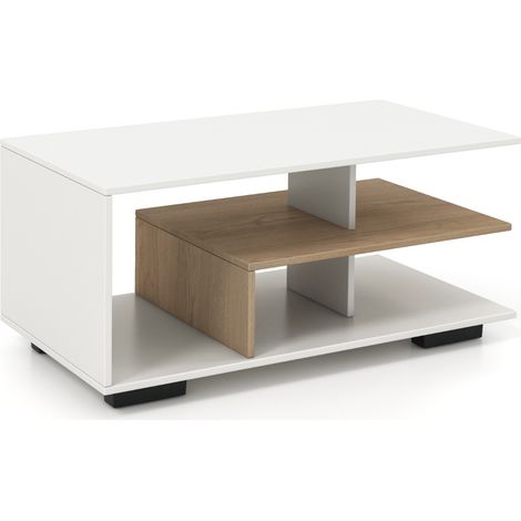 Tavolino da caffè con spazio di archiviazione, Tavolo rettangolare a 3 livelli con mensola centrale a forma di L Bianco (1/4)