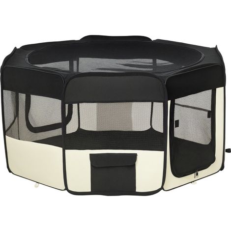 Parc pour chiot pliable avec filet de couverture, enclos pour chien, chat et petits animaux, structure en métal et tissu Oxford noir et blanc CHICFURN (1/5)