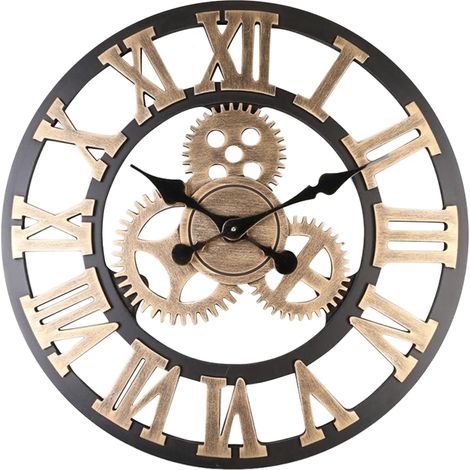 Horloge murale artisanale 3D en bois rustique vintage décor salon/bar/bureau 58cm dorée engrenage (1/5)