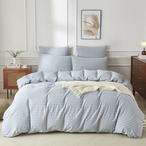 Housse de Couette 220x240 Coton Lavé Bleu Blanc Carreaux Vichy Parure de Lit 220x240 Adulte Coton Doux Respirant Linge de Lit 2 Personne avec Fermeture Éclair et 2 Taies d'oreiller 65x65