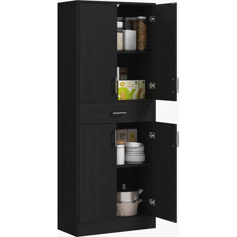 Credenza da cucina alta con 4 ante, 2 armadietti e 1 cassetto centrale, 180 cm di altezza, con 2 ripiani regolabili, nera.