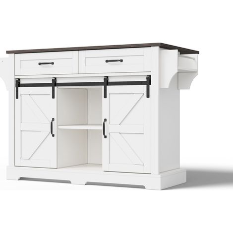 Îlot de cuisine avec plan de travail rabattable, chariot de cuisine à roulettes, meuble de cuisine avec 2 portes coulissantes et 2 tiroirs, style grange, blanc, meuble de rangement de cuisine, 120×45(