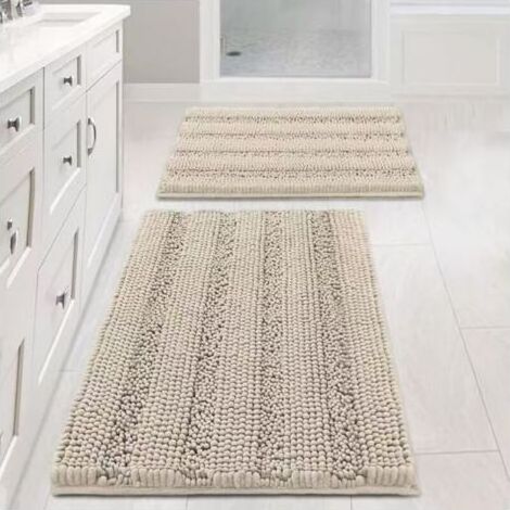Tapis de bain blanc 43 x 61 cm + 51 x 81 cm, lot de 2, en chenille extra épaisse antidérapante. (1/5)