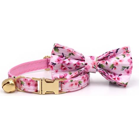 Collier chat imprimé fleurs/sakura avec nœud et cloche S, boucle de sécurité dorée (1/2)