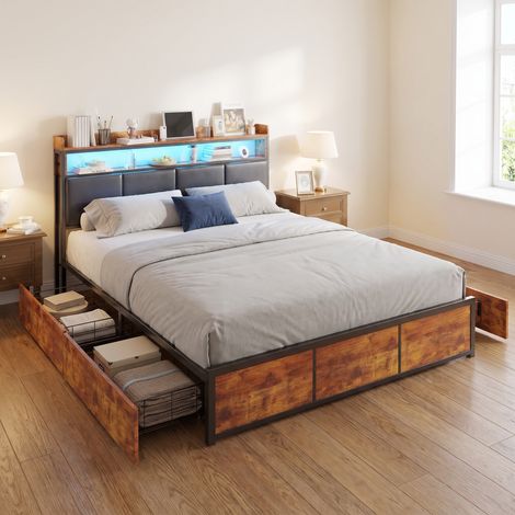 Lit double 180x200 cm avec 4 tiroirs et LED, lit adulte avec cadre en métal, style industriel, Noir (1/5)