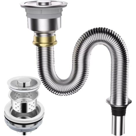 Kit de vidange d'évier de cuisine FlexiFlow en acier inoxydable - Tuyau de vidange flexible et durable avec crépine d'évier anti-odeurs de 3,5 pouces (Longueur : 60 cm/23,5 pouces) (1/5)