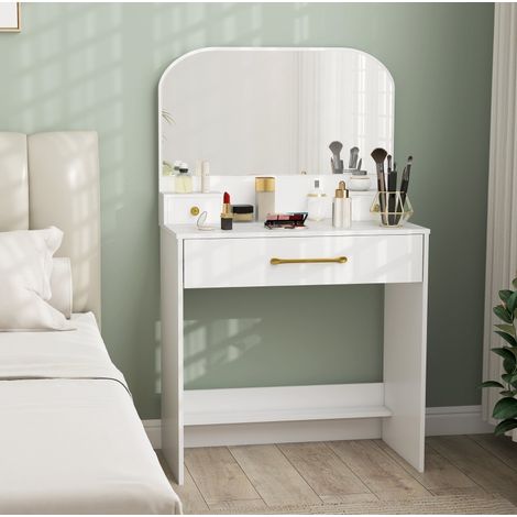 Tocador con espejo compacto 80 x 40 x 135 cm, 3 cajones, madera melaminada blanca, REDOM (1/5)