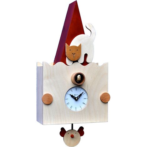 Orologio a Cucù da Parete 24X50X13Cm Pirondini Italia Micio Faggio e Betulla