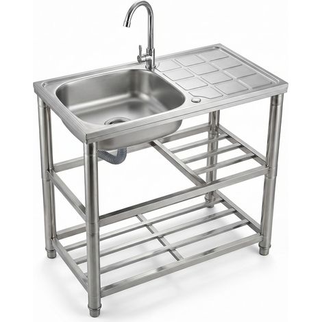 Lavandino in Acciaio Inox Autoportante con Rubinetto e 2 Ripiani – Lavello 1 Vasca con Gocciolatoio Reversibile da Cucina, Lavanderia, Garage, Esterno (1/4)