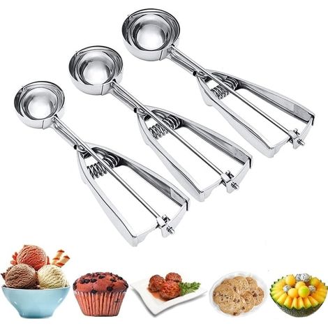 Set di 3 palette per gelato in acciaio inox con meccanismo a grilletto, ideali per la preparazione di dolci. (1/5)