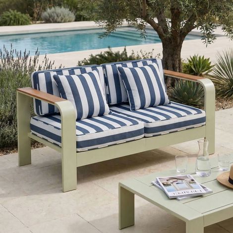 Canapé de jardin en alu crème et bois, housse à rayures bleues