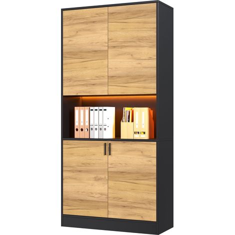 Classeur 80x35x180cm avec éclairage LED, meuble de rangement en bois multifonctionnel, armoire haute avec étagères réglables, buffet pour bureau, salon, entrée, classeur, meuble d'entrée (1/5)