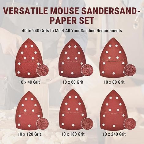 VOBOR 60 x Sanding Paper for Triangular Sanders, Grit 40, 60, 80, 120, 180, 240, 11 Holes, Mixed Sandpaper for Sanding and Polishing (1/4)