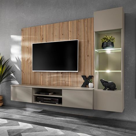 Ensemble Meuble TV Rayure "Xari" 200cm Naturel & Gris Argile
