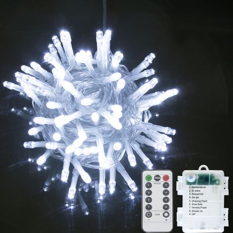Guirlande lumineuse LED à piles sur câble transparent - Télécommande - Éclairage à piles - Pour Noël, arbre, jardin, mariage, vacances, fête (blanc, 100 LED) (1/5)