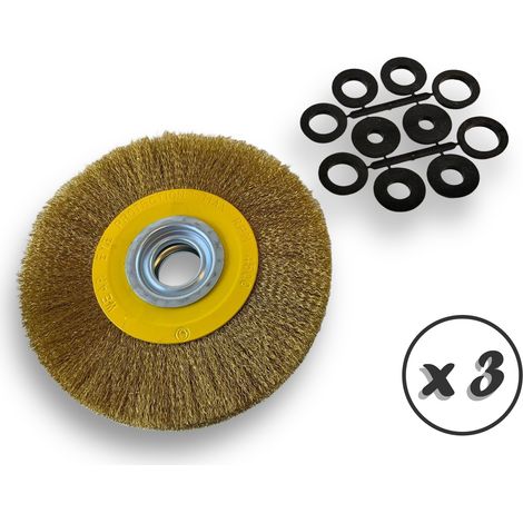 Lot de 3 brosses circulaires LAITON Ø 200 mm Epaisseur 3 rangs Fil souple 0.20 mm ondulé Alésage 32 mm + réducteur bague 25/22/20/16/12 mm Touret affûteuse ponceuse Kibros 238203LVx3