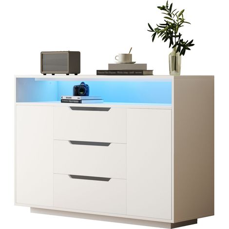Sideboard mit 2 Turen, 3 Schubladen, 1 offenem Fach und LED, fur Wohnzimmer, Esszimmer oder Buro, aus Holzwerkstoff, Weiss, 120 x 40 x 85 cm (1/5)