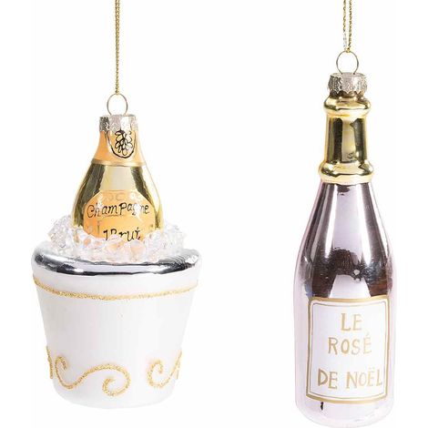 Addobbo da appendere all'albero di Natale a bottiglia di vino / champagne realizzati in vetro colorato, set da 6 pezzi, Ø 4 cm x 13,5 H