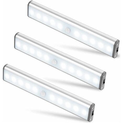 Lot de 3 Lampes 10 LED, Sans Fil, Rechargeable par USB, Aimanté, Détecteur de Mouvement, 2 Modes d’Éclairage, Portable. Lumière de Placard, Baladeuse de Secours, Veilleuse Enfant, Appoint … [Classe én (1/5)