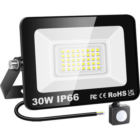 Lampe d'extérieur avec détecteur de mouvement 30W, projecteur LED 3000lm, lumière blanche 6000K, éclairage de sécurité étanche IP66 pour jardin, garage, cour, terrain de sport, patio, porche