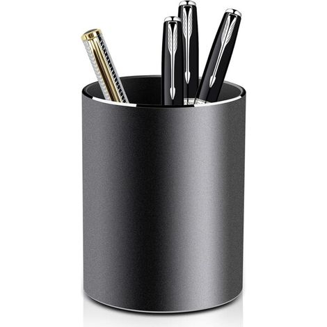 Pot à Crayon en Métal Rond Porte-crayons et Porte-stylo en Aluminium pour Bureau, Enfant et École - 8 x 10 cm - Design Élégant Noir (1/4)