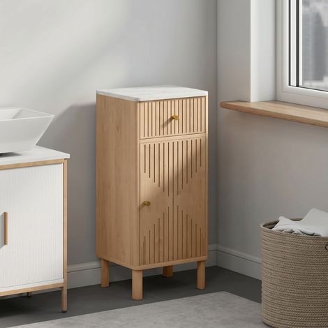 Meuble de salle de bain, meuble de rangement avec plateau effet marbre et porte rainurée, tiroir 36 x 30 x 80 cm, chêne (1/5)