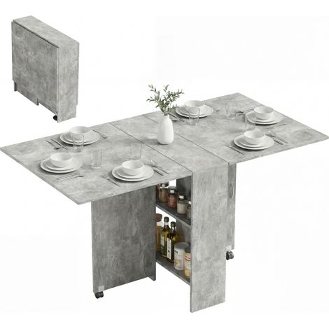 Table pliante de cuisine avec roulettes 75L x 140l x 74H cm et étagères intégrées en bois pour salle à manger moderne. (1/5)