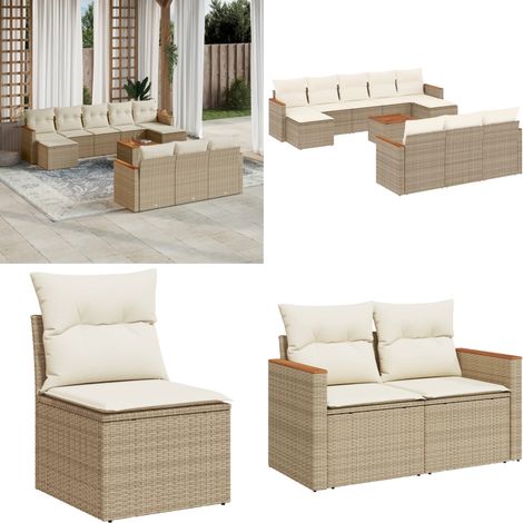 Set de sofás de jardín 11pzas con cojines ratán sintético beige - Cojines de jardín - Muebles de exterior