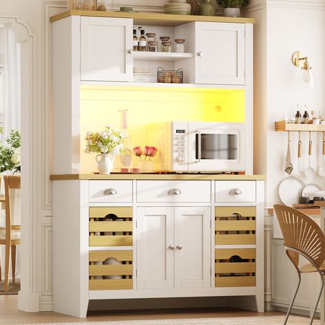 Buffet haut vaisselier de cuisine LED120x40x188 cm - meuble de rangement avec plan de travail effet bois - étagères et paniers réglables - MDF - blanc (1/5)