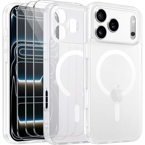 Coque Magnétique pour iPhone 17 Pro 6,3 Pouces, Étui Housse Arrière Translucide Givrée, avec 3 Verre Trempé et Outil d'Installation Facile, Compatible avec MagSafe - Transparent Mat (1/5)