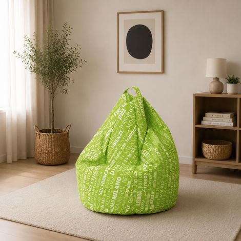 Dmora Poltrona a sacco con fantasia con scritte, colore verde e bianco, Misure 80 x 120 x 80 cm, con imballo rinforzato (1/4)