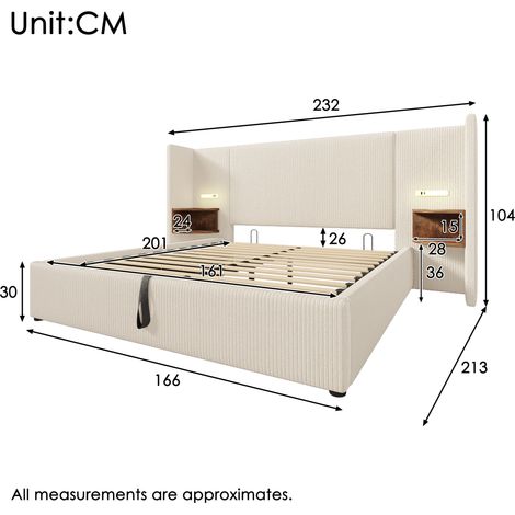 Lit double 160×200 cm en velours beige-blanc, ensemble complet avec sommier à lattes bois massif et métal, table de chevet, lampe de lecture, charge USB-C, lit coffre avec espace de rangement (matelas