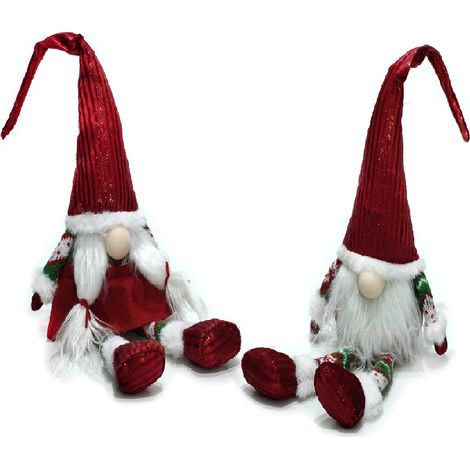 Coppia di Gnomi Babbo Natale Lui & Lei con Cappello Rosso – Decorazione Natalizia da 40 cm, Statuine Elfo con Piedi Penzolanti in Tessuto per Casa, Tavolo, Mensole e Camino (1/4)