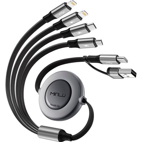 Câble de Charge 6 en 1, 1,2m Rétractable Cable Chargeur Multi Embout Câble de Charge Rapide USB C avec Lightning Transfert de Données, Câble Multi USB pour Tablet (1/5)