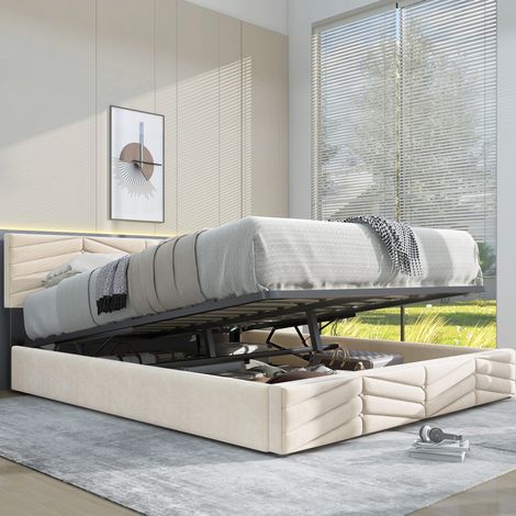 Polsterbett 140/190 cm Beige aus Samt mit höhenverstellbarem Kopfteil und Lattenrost (1/5)
