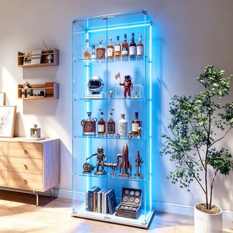 JOOKGBD–Glasvitrine Standvitrine mit LED,5 Glasböden,2 Türen mit Schloss,Vitrinenschrank für Sammlungen,Bücher,Modelle,Wohnzimmer,Büro,Weiß