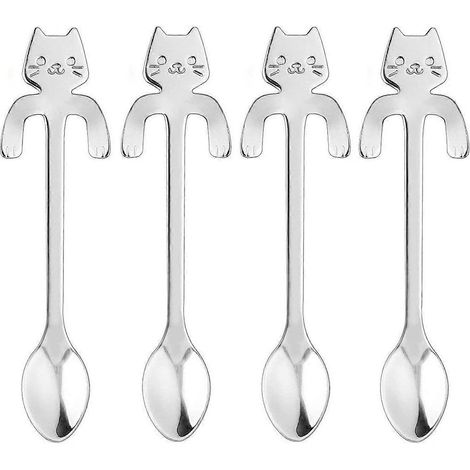 Adorables cuillères à café et à thé en acier inoxydable, motif chat mignon, lot de 4. (1/5)
