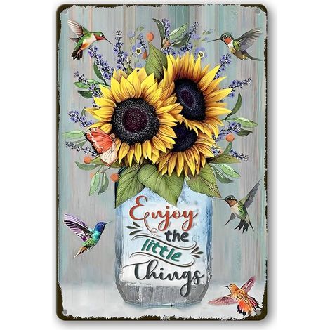 Plaques Étaine Métallique à Tournesol Décoration Mural Métallique à Colibri Plaque Étaine Art Métallique pour Cuisine Plaque Étaine à Colibris et Tournesols Décoration Murale Cadeau 20x30 cm (1/5)